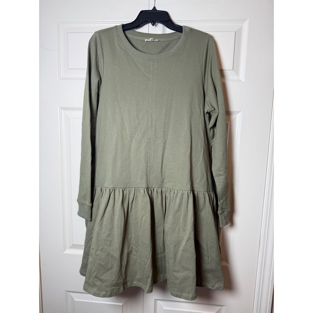 Cotton‎ Bleu Olive Green Long Sleeve Drop Waist Ruffle Mini Dress Pockets Medium